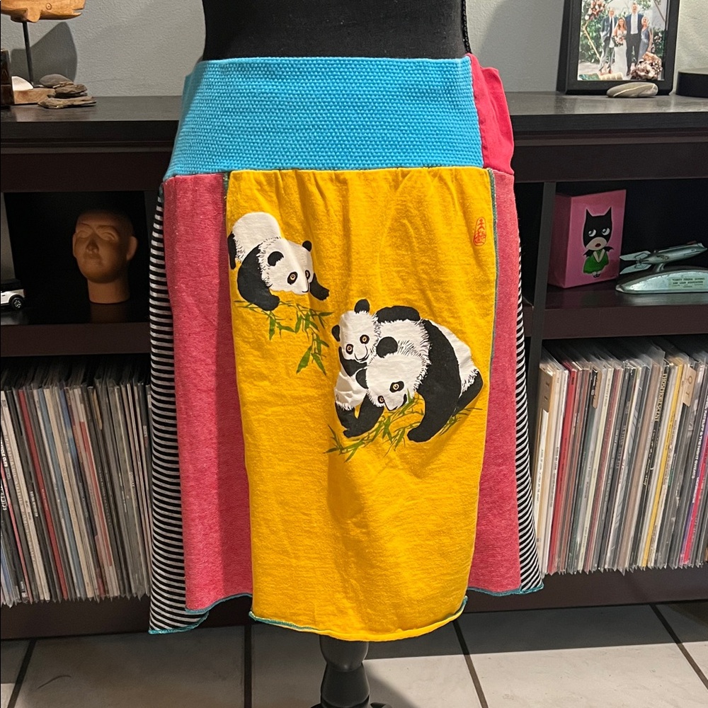Y2K up cycled panda skirt made from vintage T-shirts and fabrics, large